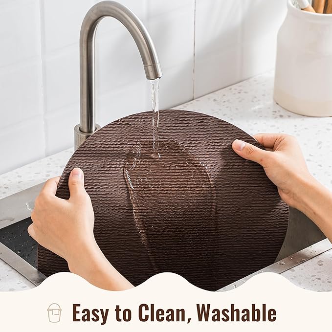 Jovono 15" Faux Leather Big Round Placemats Set of 6 - Washable Heat Resistant Non-Slip Dining Table Mats with Fabric Texture for Kitchen Home Party Decor, Coffee
