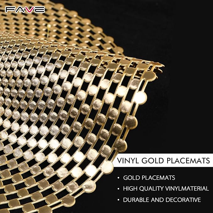 FAVE 10 PCS Gold Vinyl Round Placemats, Spiral Hollow Out Design for Large Gatherings, Party Decor, Birthdays, Restaurant (15 Inch,10PCS)