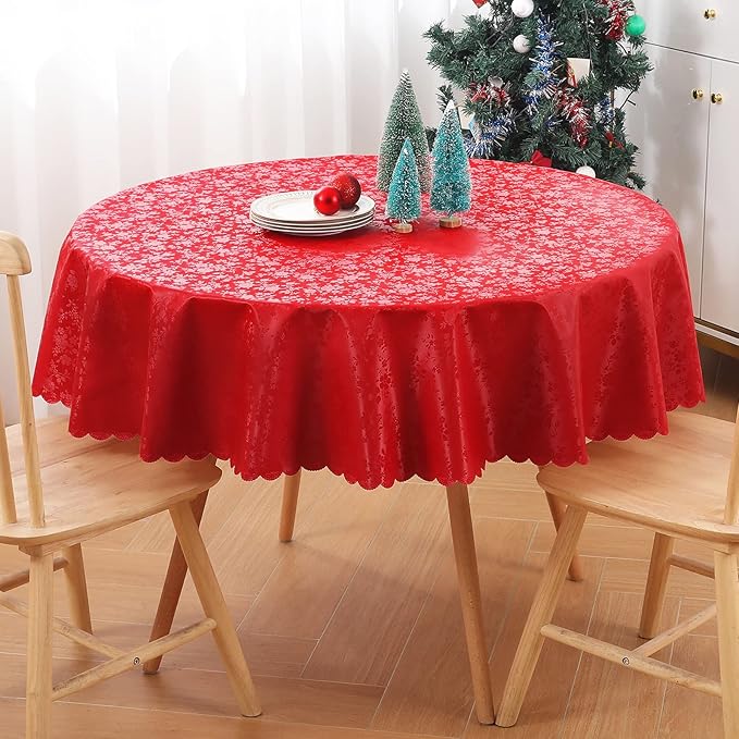 Smiry Round Table Cloth, Waterproof Heavy Duty Vinyl Tablecloths, Wipeable Washable Table Cover for Christmas, Kitchen and Dining Room (Red, 60" Round)