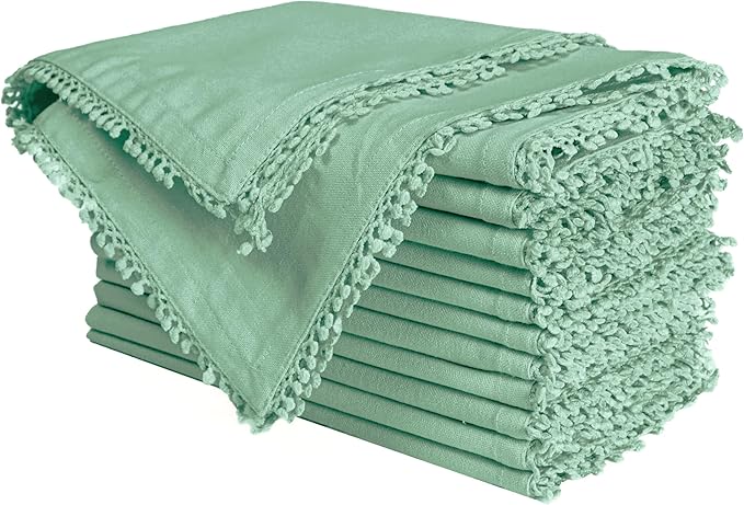 Bedding Craft Cotton Cloth Dinner Napkins Set of 12 – 18x18 Bird Egg Gray Sea Green with Decorative Lace Selvedge, Reusable Machine Washable Fabric Napkins for Weddings, Parties & Dining