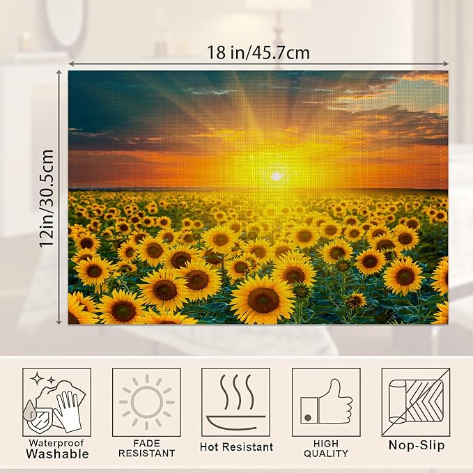 Sunflower Fields Placemats Set of 6,Sunset Sunrise Linen Washable Kitchen Dining Table Mats Heat Resistant Place Mats for Home Party Indoor Holiday 12x18 Inch
