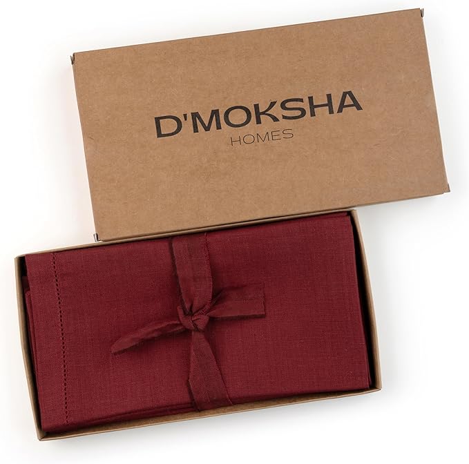 D'Moksha Homes Dark Red Linen Napkins Set of 8 - Classic Hemstitch 100% Pure Linen Hemstitch Dinner Napkins 20 x 20 Inch for Valentines, Spring - Handcrafted and Machine Washable