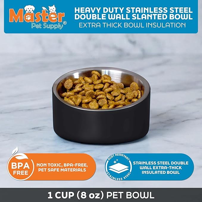 Master Pet Supply Stainless Steel Slanted Dog Cat Food Bowl - 8 oz Heavy Duty - Black Velvet, Double Wall Insulated, Non-Slip Elevated Bowl for French Bulldogs Pugs Cats, Anti Rust Dishwasher Safe