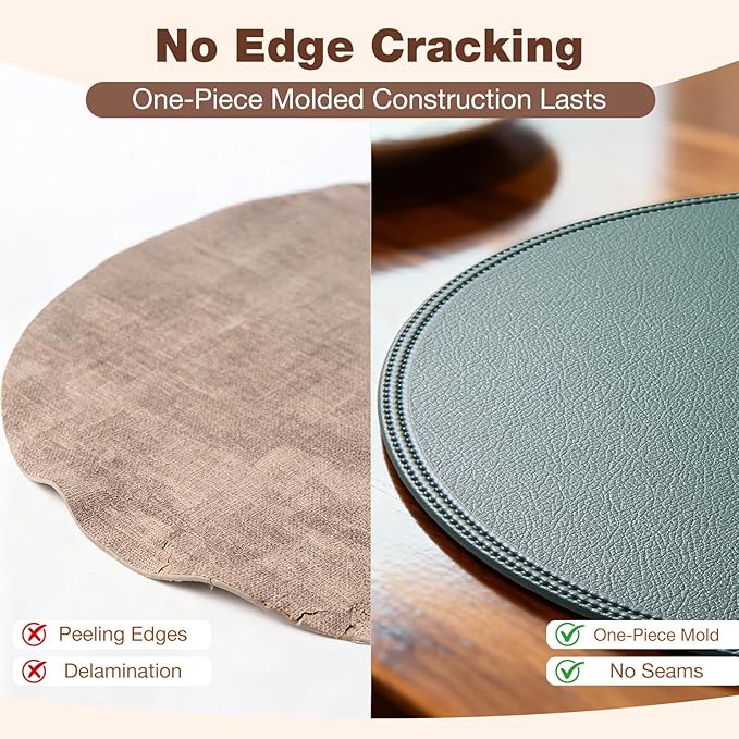 Round Vinyl Black Placemats Set of 6, Faux Leather Waterproof Wipeable Heat Resistant Place Mats, Washable Table Mats for Halloween, Thanksgiving & Christmas Dinner(Black)