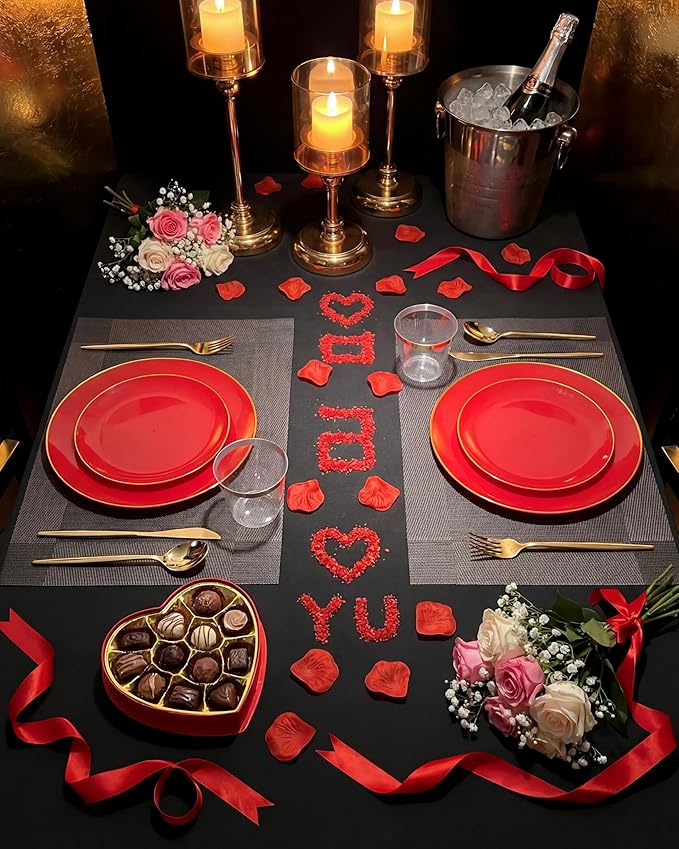PULOTE 100PCS Red Plastic Plates Disposable Heavy Duty - Include 50 Dinner / 50 Dessert Plates for Party & Christmas