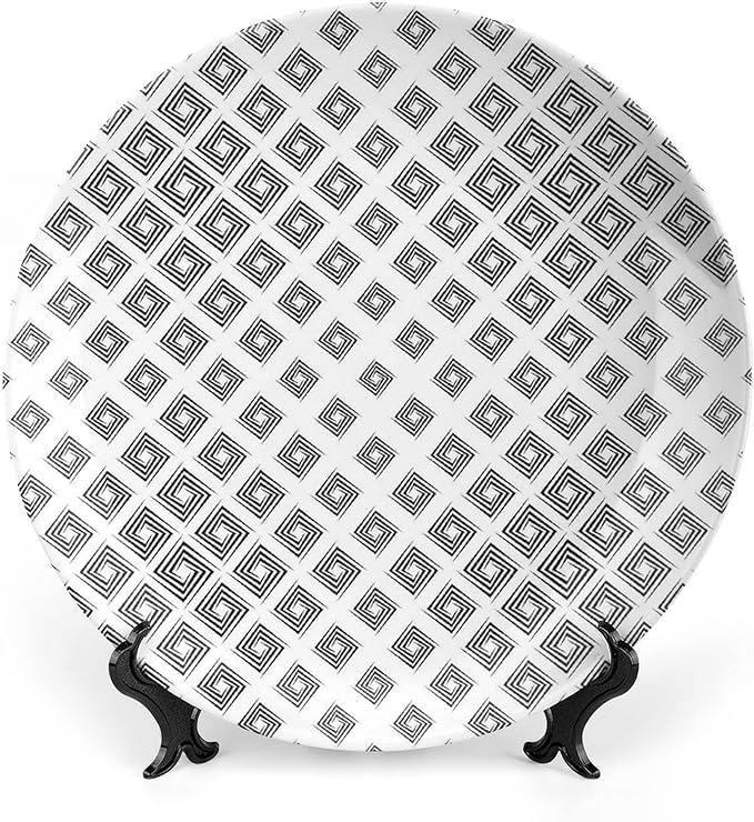 Ceramic Display Plate, Abstract Ceramic Hanging Decorative Plate, Minimalist Geometric Diamond Shaped Square Lines, 8 Inch, Household Custom Ceramic Plate, Black White