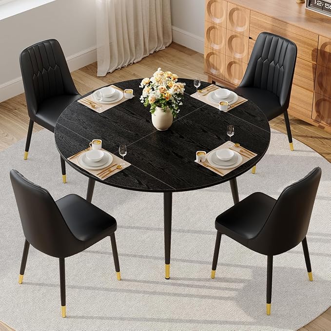 Extendable Dining Room Table｜53” Round Dining Table for 4-6｜Black Wooden Tabletop with Metal Legs｜Stable and Sturdy｜Easy Transform｜Easy Assembly｜Space Saving｜for Kitchen, Living Room