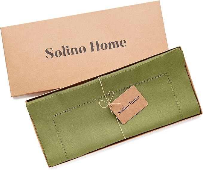Solino Home Linen Hemstitch Table Runner 36 Inches - 100% Pure Linen Avocado Green Table Runner 14 x 36 Inch for Dresser and Coffee Tables - Winter, Spring, Easter, St Patricks Day - Classic Hemstitch