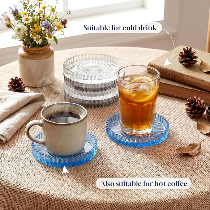 Remerry 6 Pcs Clear Crystal Coaster Set with Holder Glass Coasters for Drinks 4 Inch Drinks Crystal Round Cup Coasters Coffee Table Decor for Office Kitchen Bar Restaurant Patio (Classic Colors)