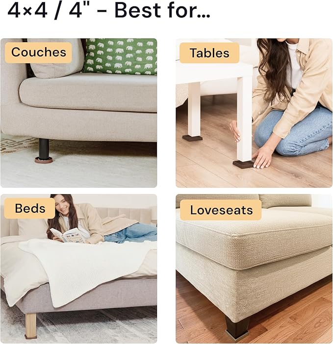 CasterMaster Non-Slip Furniture Pads for Hardwood Floors - 4" x 4" Brown Pack of 4 - Anti-Skid Rubber Caster Cups - Table Leg Protectors & Rubber Feet for Chairs