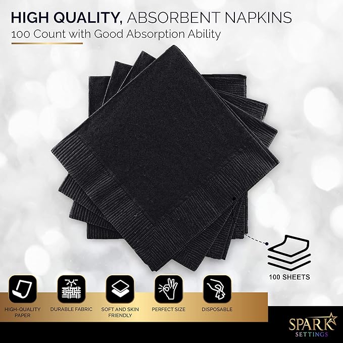 100 Pack Black Beverage Napkins, Big Party Pack, 2 Ply, Ideal for Wedding, Party, Birthday, Dinner, Lunch, Cocktails. (5” x 5”) by Amcrate