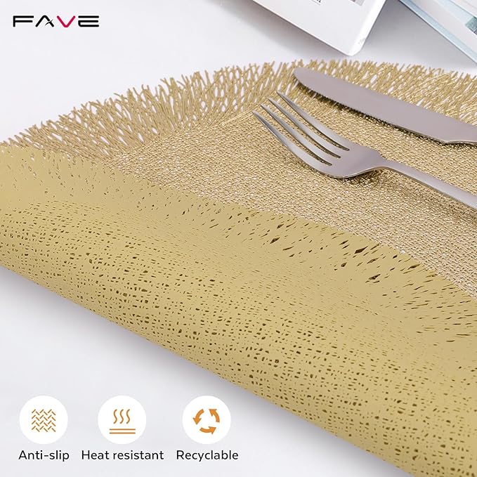 FAVE Round Gold Vinyl Placemats Set of 4, Washable Hollow Out Fringe Place Mats for Wedding, Party, Birthday, Restaurant Decor and Daily Dining(15 inch)
