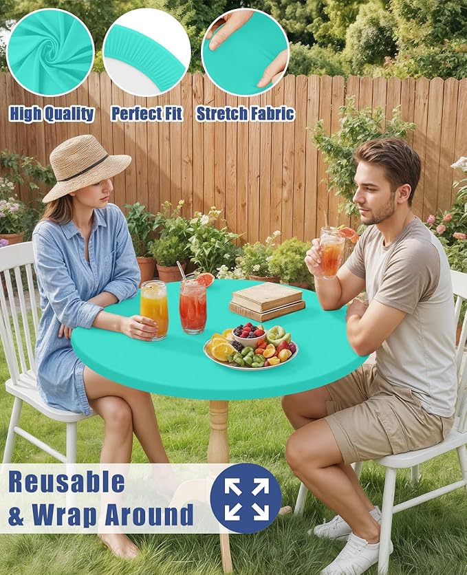 Round Spandex Tablecloth, Elastic Fitted Waterproof Tablecloths for 36"-44" Tables, Stretch Washable Picnic Table Cover for Camping, Dining, Indoor and Outdoor,Aqua Blue