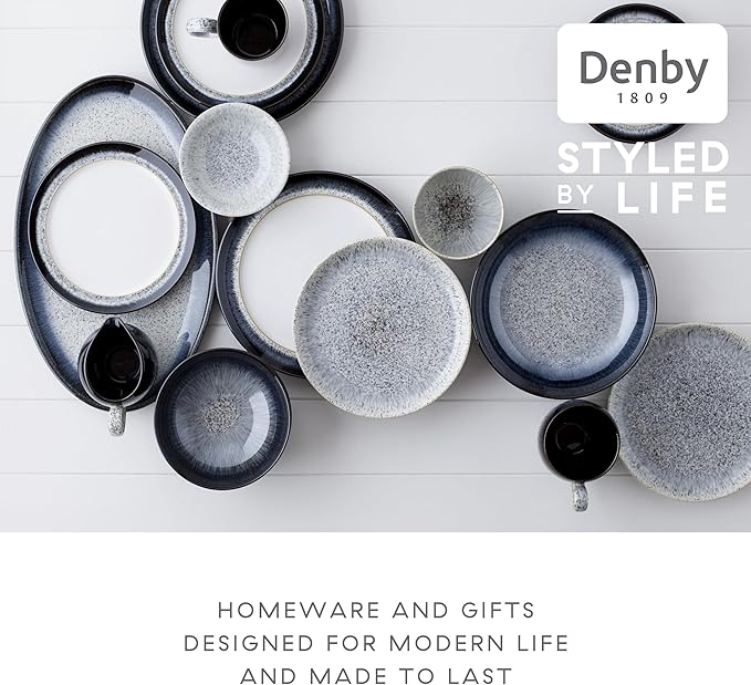 Denby - Halo Coupe Cereal Bowls Set of 6-27 Ounce Reactive Glaze, Dishwasher Microwave Safe - Scratch Chip Resistant - Grey, Black Ceramic Stoneware Soup Bowls Tableware