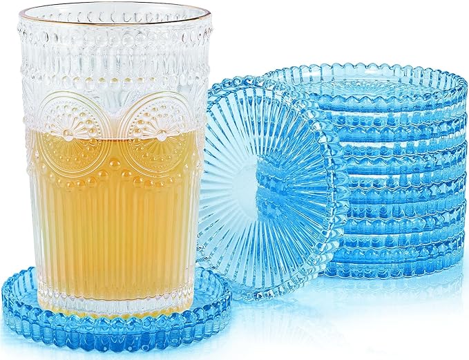 Vintage Glass Coasters, GOH DODD Set of 8 Crystal Coasters Tabletop Protection for Drinks, Home Decor, Kitchen, Living Room, Patio, Wedding, Party, Housewarming Gifts, Clear Blue