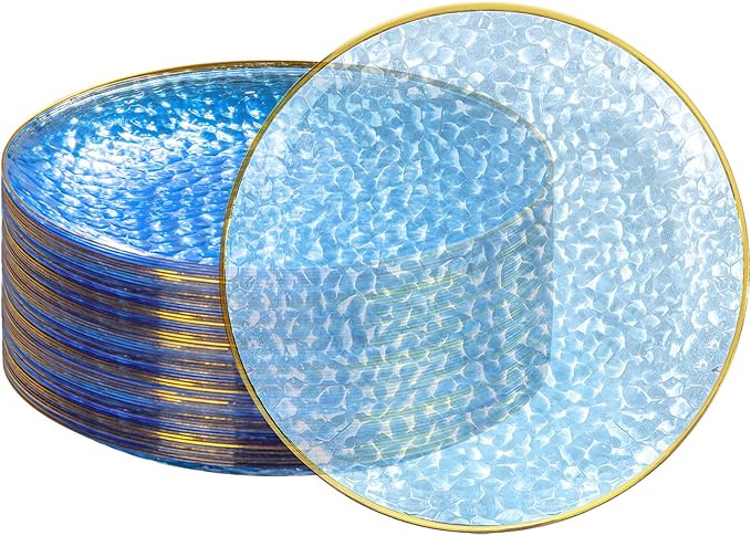 DaYammi 60PCS Blue Gold Plastic Plates - 10 inch Blue Plastic Dinner Plates - Hammer Pattern Design - Fancy Clear and Gold Disposable Plates Ideal for Wedding & Party
