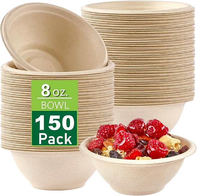 Ocmoiy Bulk 150Pk. 8 OZ Paper Bowls Disposable Heavy Duty Small Compostable Food Bowls, Eco-friendly Sugarcane Bowl for Party Serving Treats, Microwave Safe for Hot or Cold Use