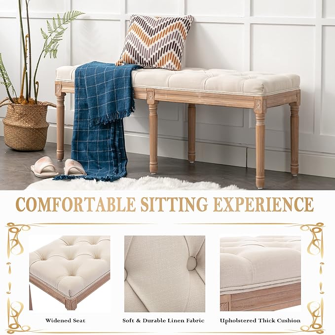 Bonzy Home 47” Bedroom Bench,French Vintage Tufted Entryway Benches Upholstered Dining Benches with Cushion,Linen Fabric End of Bed Bench for Bedroom Living Room Entryway,Beige