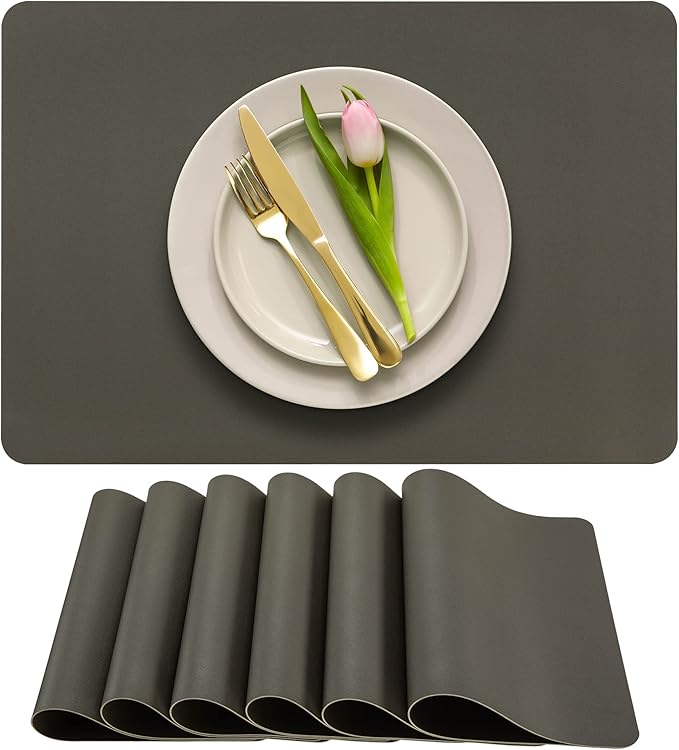 More Décor Faux Leather Placemats Set of 6 for Dining Table – Waterproof, Wipeable, Washable, Stain & Heat Resistant, Non-Slip Table Mats – 12 X 17 Inch, (Solid Dark Grey, 6)