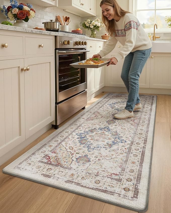 Color&Geometry Kitchen Floor Mats Anti Fatigue, Cushioned Boho Rugs,Waterproof Non Slip Kitchen Runner for Sink, Standing Mats for Office,24"x59",Oatmeal