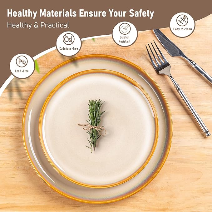 LeRatio Ceramic Dinnerware Sets for 4,Porcelain Plates and Bowls Sets, Reactive Glaze Dishes Set,Chip Resistant and Scratch Resistant | Oven&Dishwasher & Microwave Safe,Service for 4-Kahki &Black