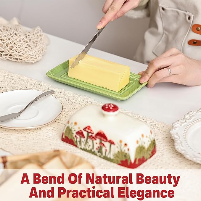 Fungi Fun Mushroom Butter Dish With Lid – Cute Cottagecore Ceramic Storage Container, Vintage French Covered Tray, Boho Farmhouse Kitchen Decor Gift, Unique Countertop Holder (White, Standard)
