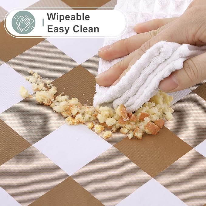 misaya Round Waterproof Vinyl Table Cloth, Buffalo Flannel Backed Tablecloth, Wipeable Plastic Table Cover for Dinner, Kitchen, Picnic (60", Brown and White)