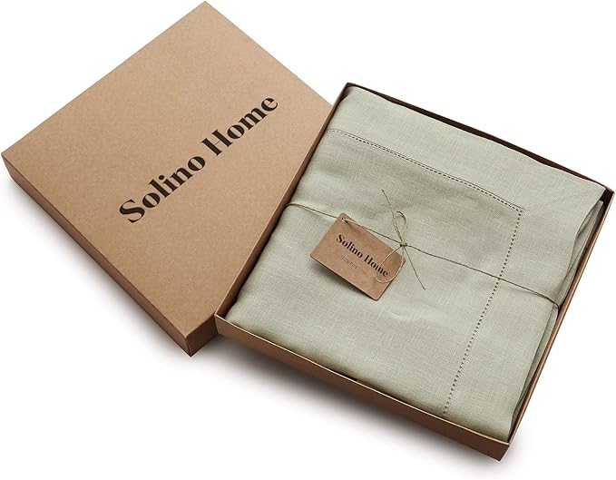 Solino Home Linen Tablecloth for Rectangle Tables 60 x 90 Inch - Classic Hemstitch 100% Pure Linen Sage Green Table Cloth - Machine Washable Cloth Tablecloth for Spring, Easter, St Patricks Day