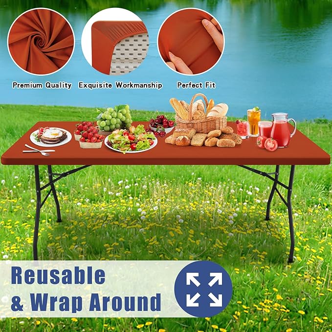 Spandex 8 Foot Rectangle Thanksgiving Table Cloth 2 Pack, Elastic Fitted Tablecloths for Picnic, Stretch Washable Patio Table Cover for Outdoor, Camping, Banquet and Parties (Rust, 30"x96")