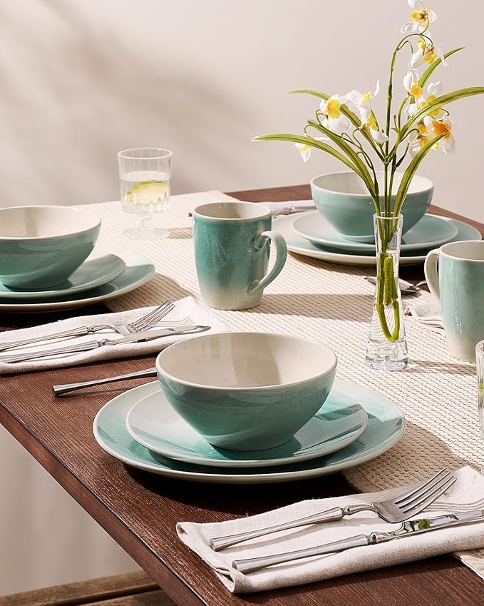 Famiware Glacier Dinnerware Sets, Plates and Bowls Dish Sets for 6 (18 Pieces), Stoneware Tableware - Dishwasher and Microwave Safe, Handcrafted Reactive Glaze, Aqua
