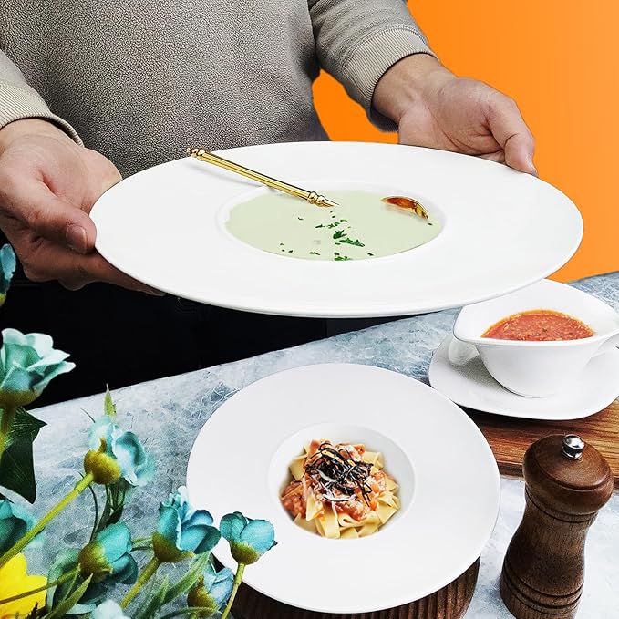 Ceramics Rimmed Soup Bowls 8.8 oz, White 11.6 inch Exquisite small soup plate Set of 4, Pasta plates With Rim is the best choice for hotels, kitchens, fine restaurants and gourmets