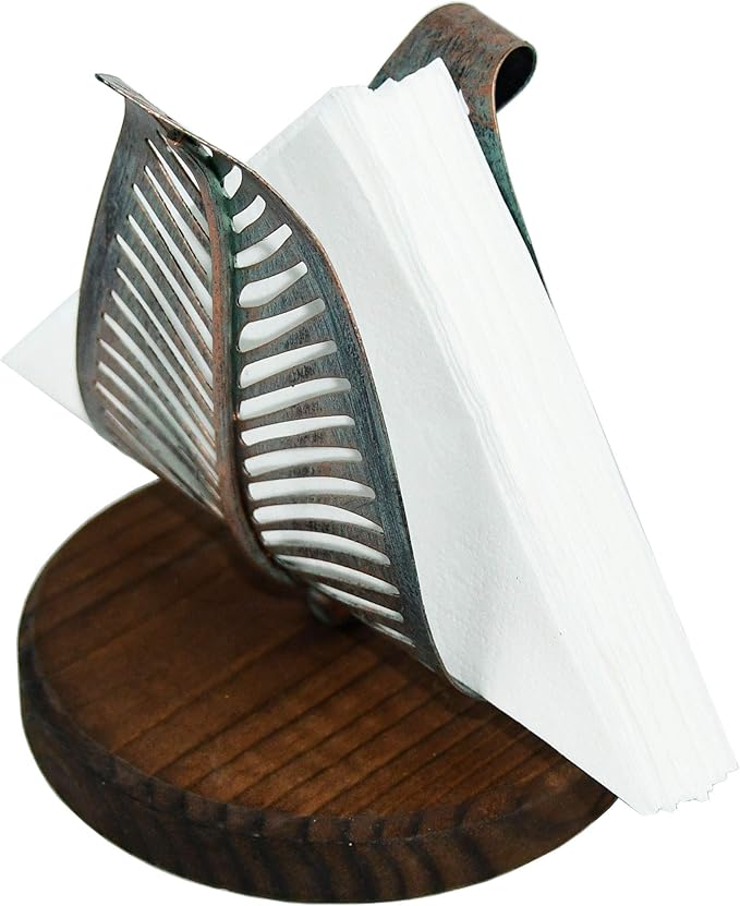 OwlGift Freestanding Modern Napkin Holder w/Golden Turquoise Metal Leaf & Brown Wooden Base Design, Tabletop Tissue Dispenser, Napkin Storage Organizer