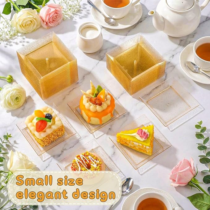 Nuogo 250 Pcs Square Clear Dessert Plates 3.6 Inch Appetizer Plates Disposable Square Party Trays Hard Mini Salad Tasting Sample Dish for Weddings, Parties, Banquet Dinner, Family Gatherings (Gold)