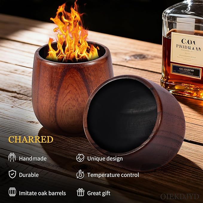 Original Wooden Bourbon Whiskey Glasses Set of 2, Handcrafted Charred Oak Wooden Bourbon Tumblers for Scotch, Unique Gifts for Men(2Pack)