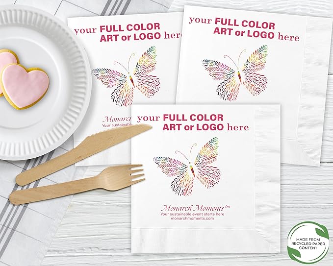 B.E. Green Custom Dinner Napkins - Personalized Recycled Paper Content Napkins - Eco-friendly & Full-Color Digital Printed - Weddings, Events & Celebrations - Pack of 50 - Coin Edge Embossed, 8"x 8"