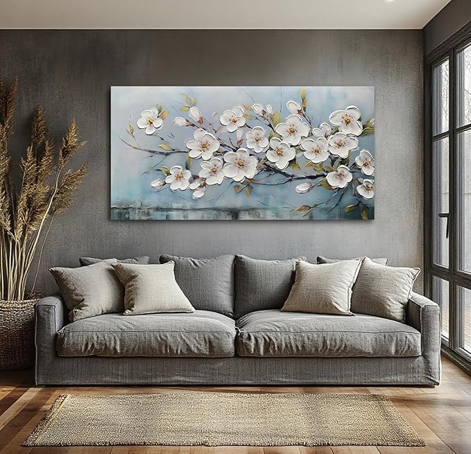 Anolyfi White Textured Flowers Wall Art for Living Room Canvas Wall Decor, Modern Elegant Landscape Wall Art for Dining Room Hallway Office Home 58"x29"
