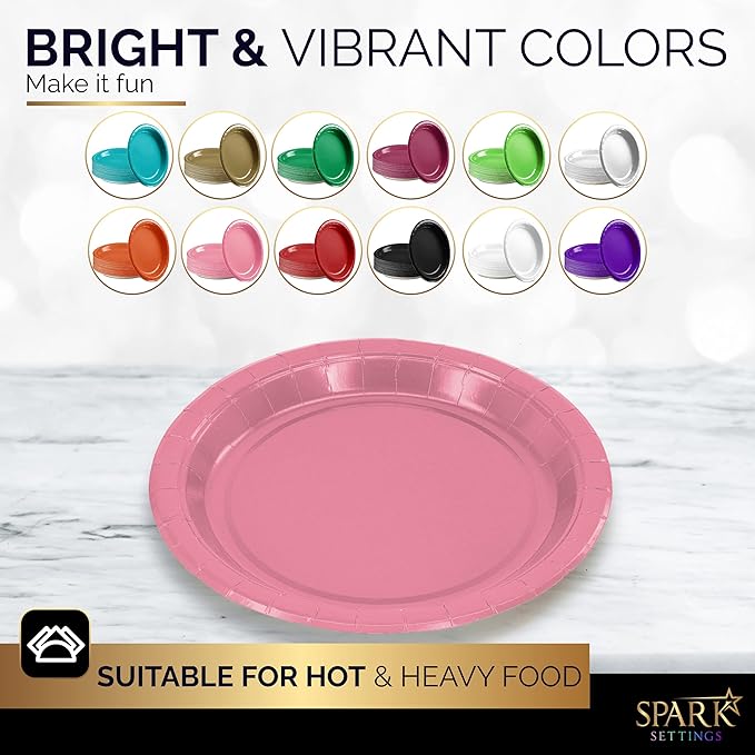 Disposable Paper Plates Pink, 7 Inch Paper Dessert Plates, Strong and Sturdy Disposable Plate for Party, Dinner, Holiday, Picnic, or Travel Party Plate, Pack of 50