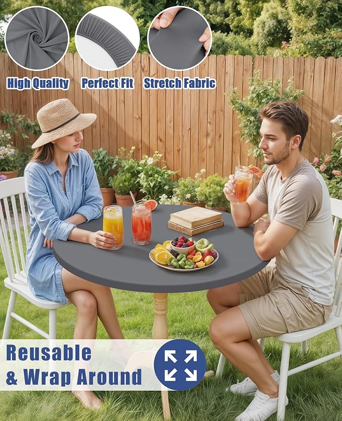 Round Spandex Tablecloth, Elastic Fitted Waterproof Tablecloths for 31"-35" Tables, Stretch Washable Picnic Table Cover for Camping, Dining, Indoor and Outdoor, Grey