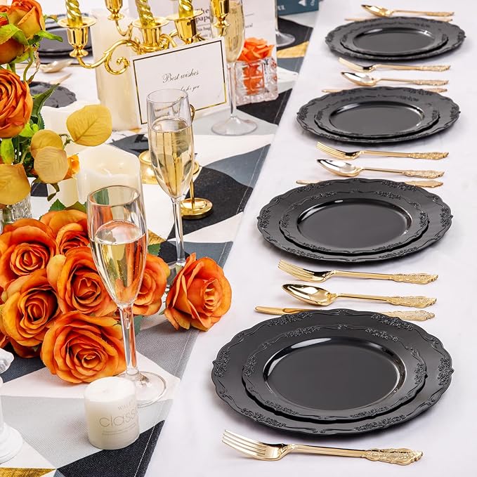DaYammi 150Pcs Black Plastic Plates & Gold Plastic Silverware,Black Disposable Plates Set Include 30 Dinner Plate, 30 Dessert Plate,30 Golden Knives,30 Gold Forks,30 Golden Spoons for Party Wedding