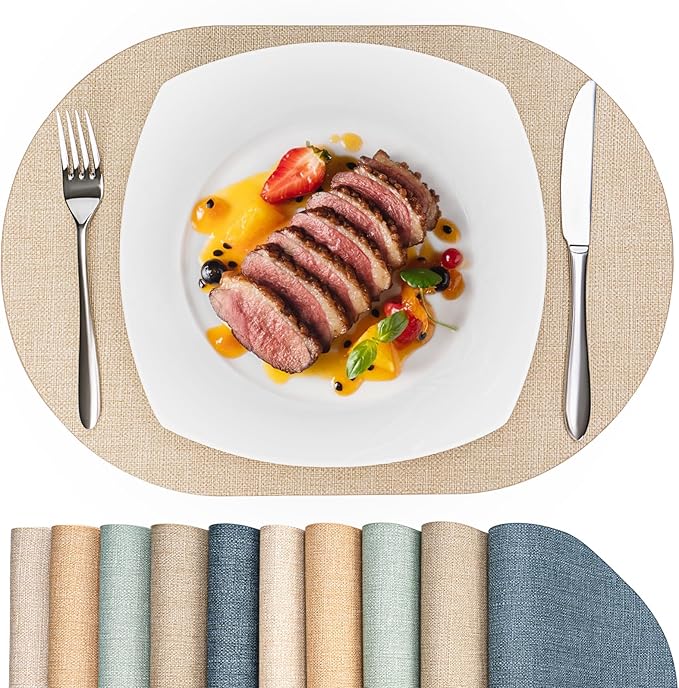 Oval Placemats for Dining Table Set of 6, Washable Leather Table Mats, Waterproof Heat-Resistant Non-Slip Kitchen Placemats, Simple Style Oval Design