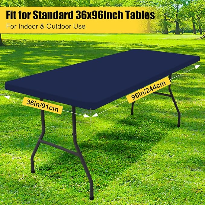 Smiry Rectangle Picnic Table Cloth, Waterproof Elastic Fitted Tablecloths for 8 Foot Tables, Washable Polyester Table Cover for Camping, Indoor and Outdoor (Navy, 36"x96")