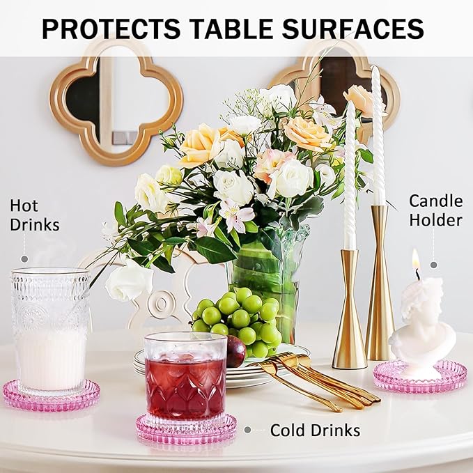 Vintage Glass Coasters, GOH DODD Set of 8 Crystal Coasters Tabletop Protection for Drinks, Home Decor, Kitchen, Living Room, Patio, Wedding, Party, Housewarming Gifts, Clear Pink