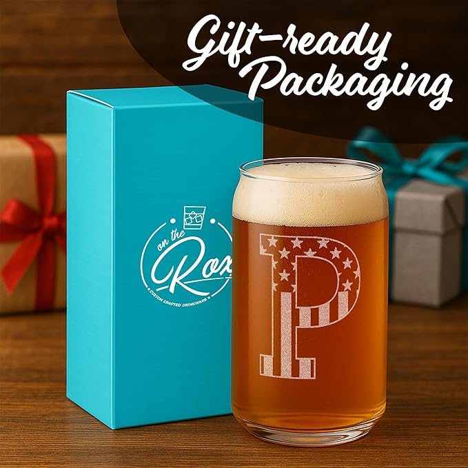 Monogram Beer Glasses for Men (A-Z) 16 oz - Beer Gifts for Men Brother Son Dad Neighbor - Unique Gifts for Him - Personalized Drinking Gift Beer Glass Mugs - Engraved Beer Can Glass (P)