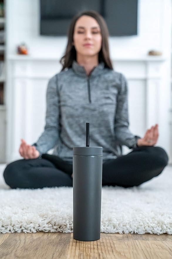 STRATA CUPS Black Skinny Tumblers with Lids and Straws (12 pack) - 16oz Double Wall Acrylic Tumbler, Tall Matte Skinny Tumblers, Bulk with Free Straw Cleaner, Reusable Cups