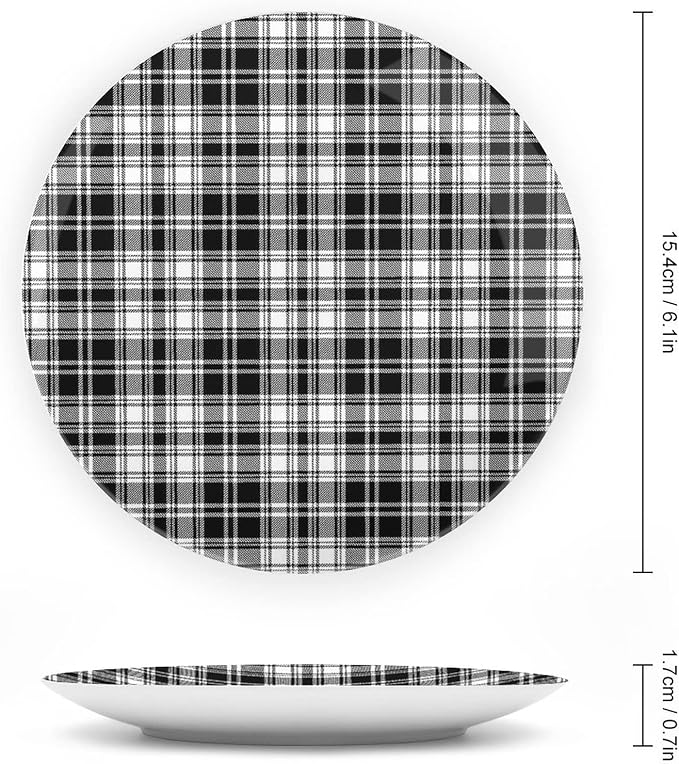 Ceramic Display Plate, Abstract Decor Ceramic Hanging Decorative Plate, British Tartan Stripes Pattern, 8 Inch, Household Custom Ceramic Plate, Black White
