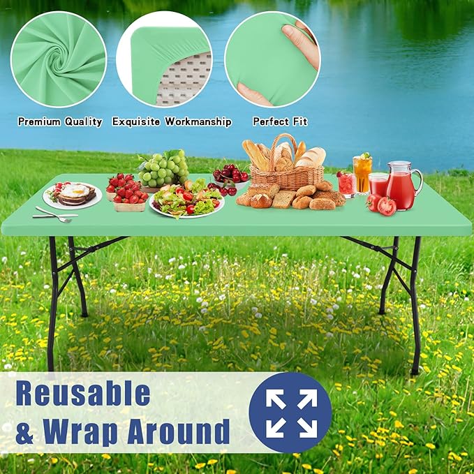 Spandex 4 Foot Rectangle Table Cloth 2 Pack, Elastic Fitted Tablecloths for Picnic, Stretch Washable Patio Table Cover for Outdoor, Camping, Banquet and Parties (Bright Green, 30"x48")