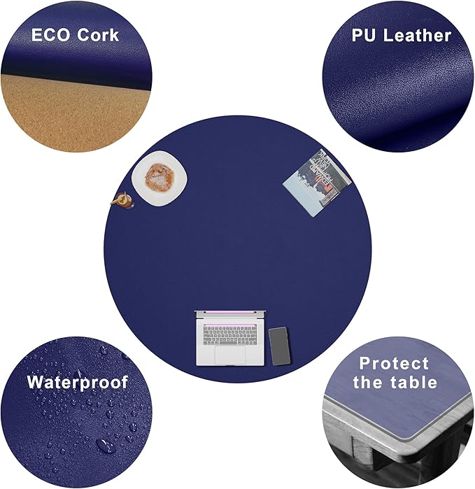 CENNBIE 42 Inches Round Table Pad- Cork & Leather Table Mat - Suitable as Side Dining Coffee Table Cover - Can Be Cut to Fit (30"-42", Blue)
