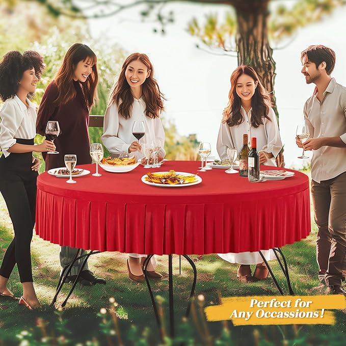 1 Pack Red Spandex Round Tablecloths for 72in Table, Stretchy Fitted 6FT Round Table Cloths, Wrinkle Free Table Cover with Skirt for Wedding Birthday Party Bridal Shower Banquet