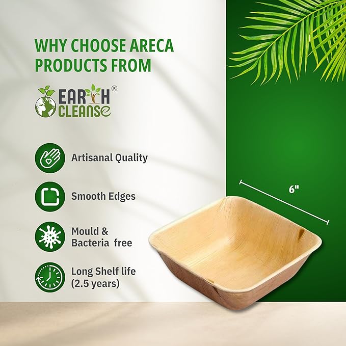 6 Inch Square Compostable Biryani Palm Leaf Extra Deep Bowls | Pack of 200 | Eco Friendly Disposable Areca Leaf Bowls | Biodegradable Heavy Duty for Rice Curry Parties Catering Events