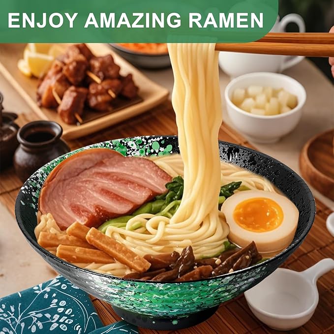 9.4Inch Ceramic Ramen Bowl Set of 2 (9 Piece) - Porcelain Japanese Salad Noodles Cereal Fruit Pasta Soup Large Bowls with Recipes Chopsticks Forks Spoons for Men Women Gift Microwave Dishwasher Safe